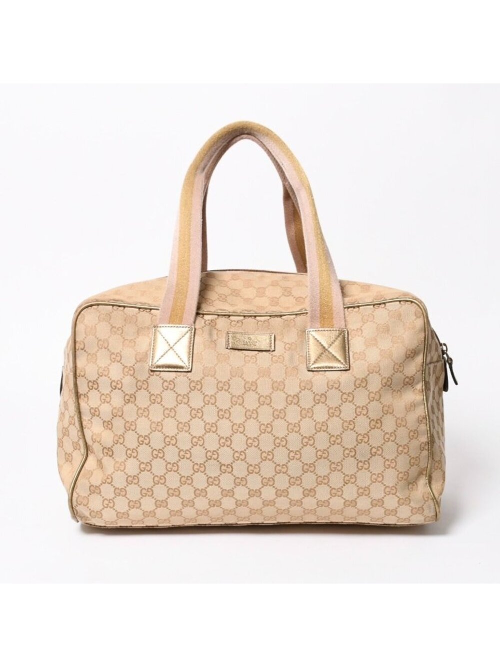 Gucci GG Canvas Boston Bag Pink Gold Beige Silver